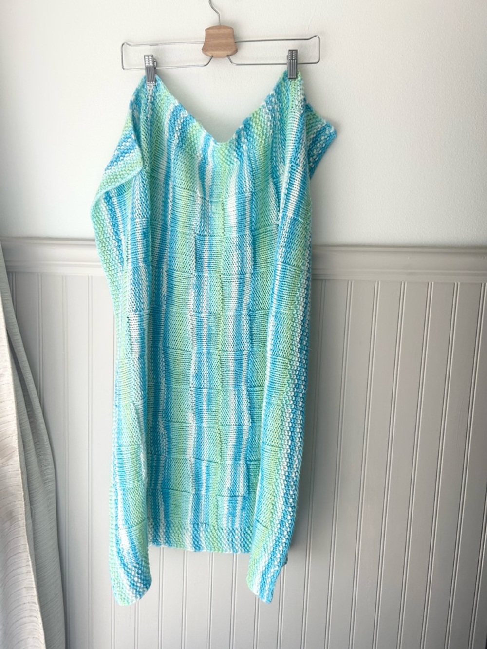 Handmade Knit Baby Blanket Aqua Blue and Lime Green 29x35